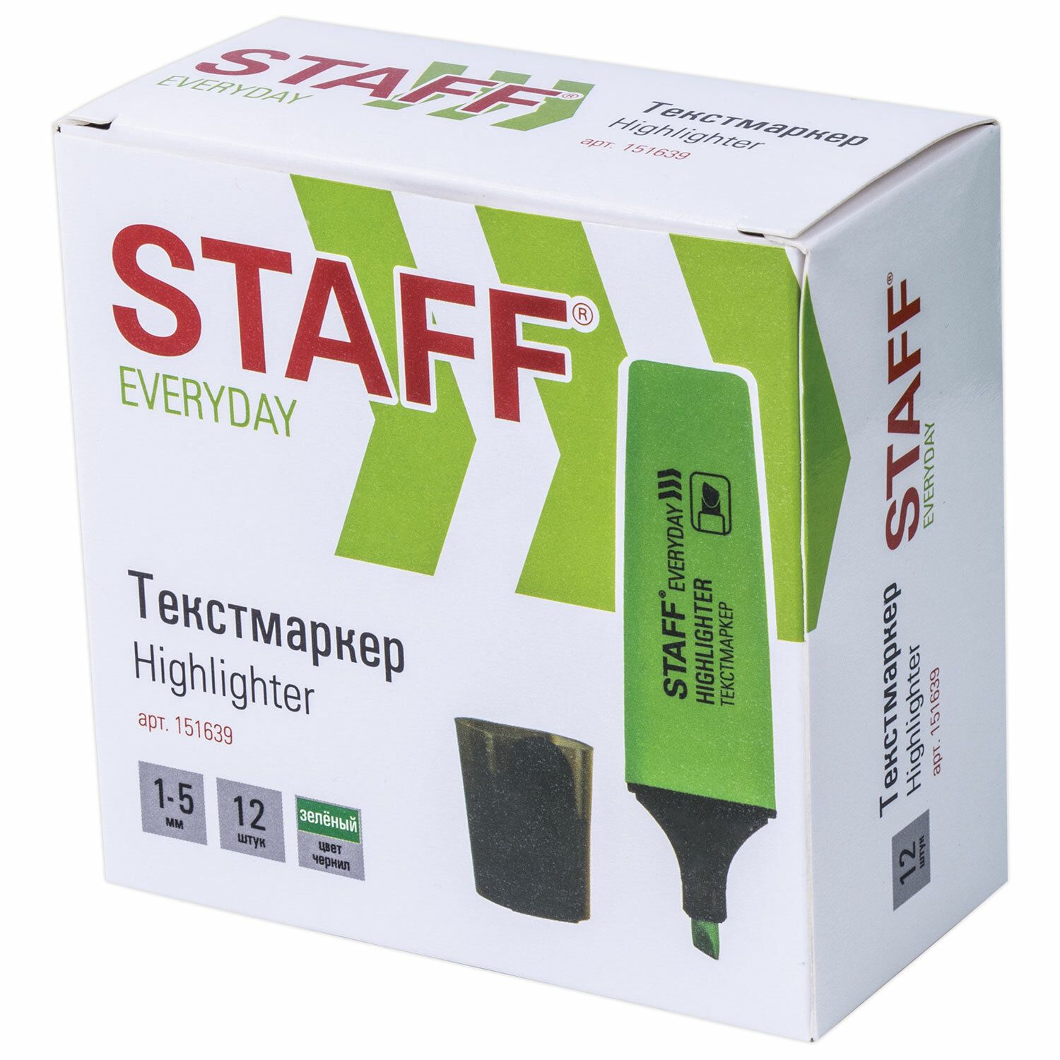 Текстовыделитель STAFF "EVERYDAY", ЗЕЛЕНЫЙ, скошенный наконечник, 1-5 мм, 151639
