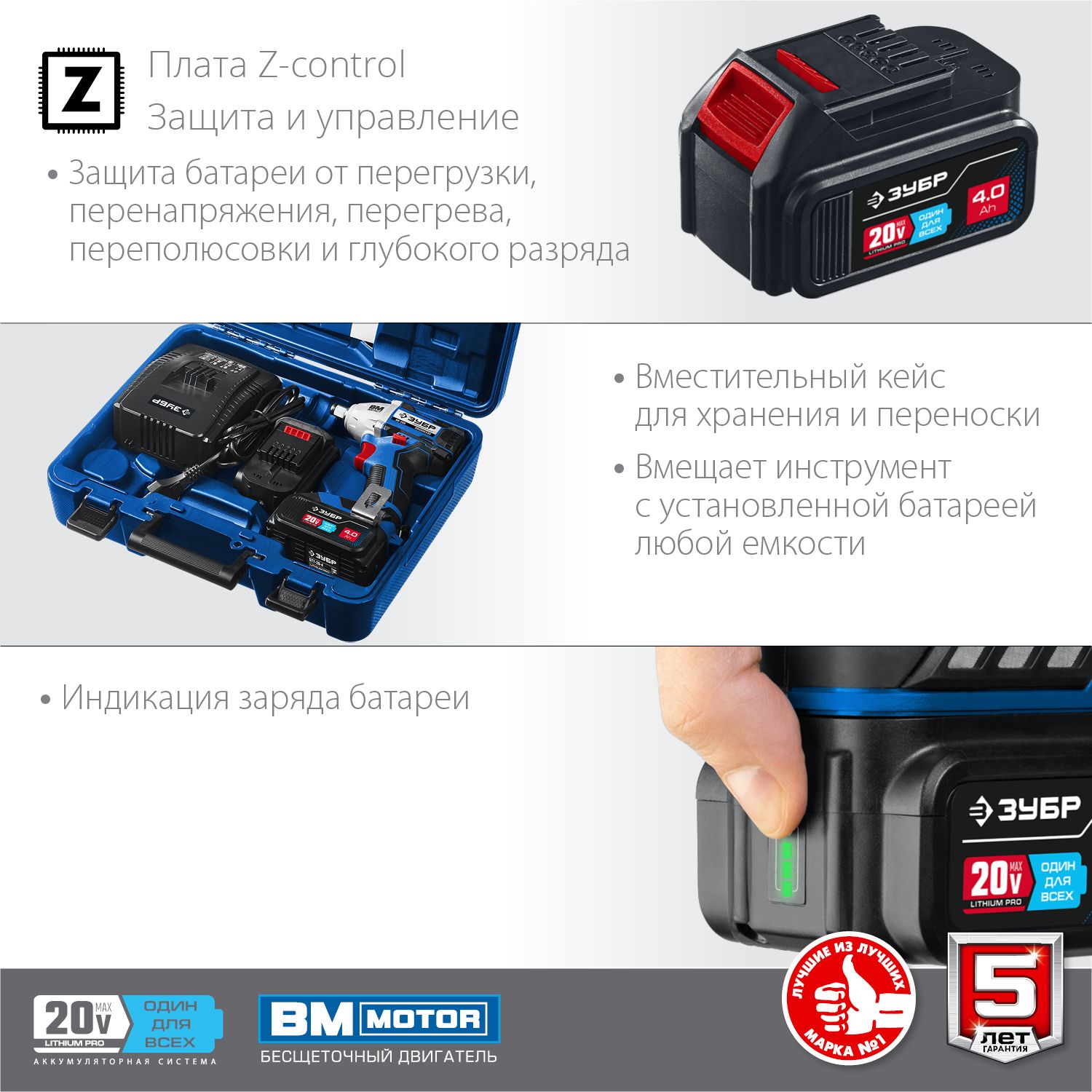 Гайковерт бесщеточный ЗУБР Профессионал GB-250-42 20В, 2 АКБ (4Ач), в кейсе