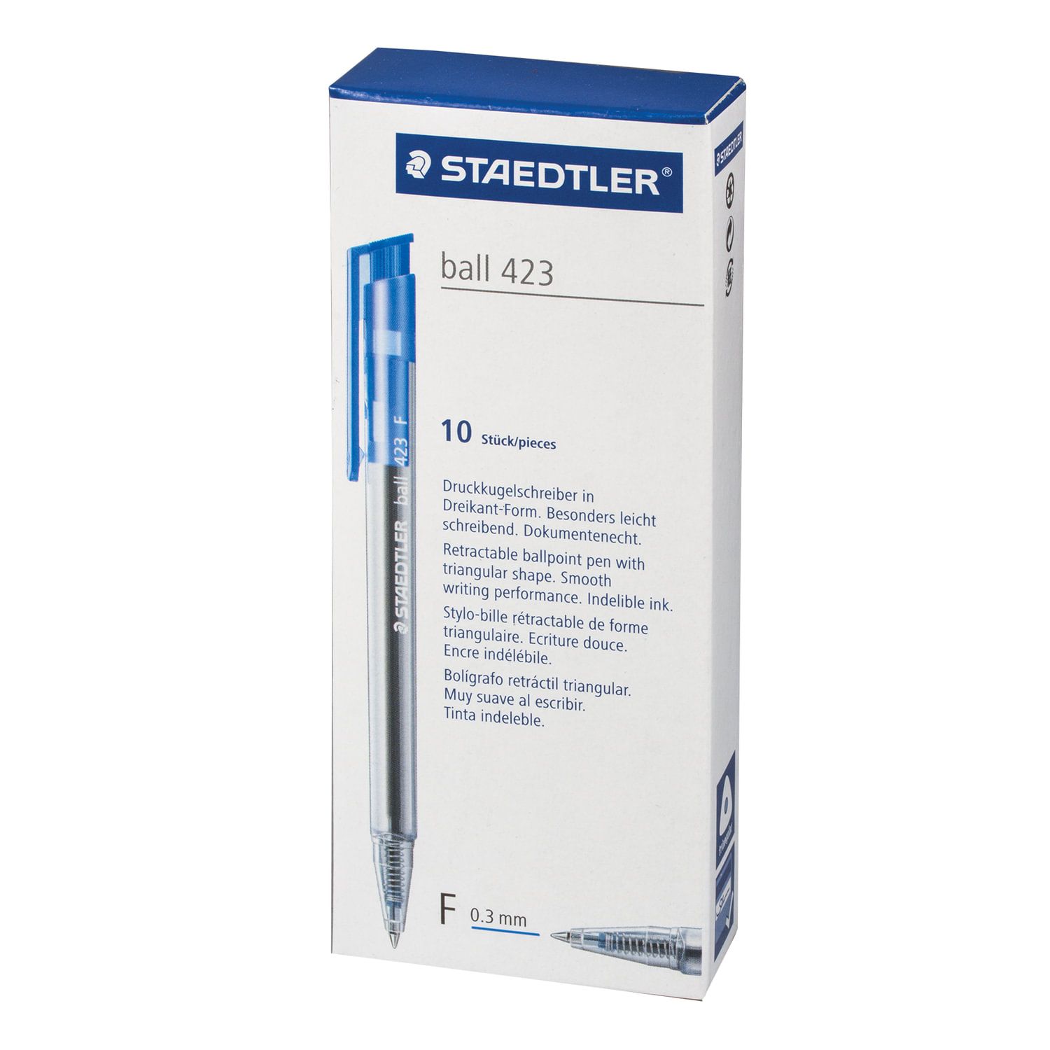 Ручка шариковая автоматическая STAEDTLER, СИНЯЯ, корпус прозрачный, узел 0,7 мм, линия письма 0,45 мм, 423 F-3