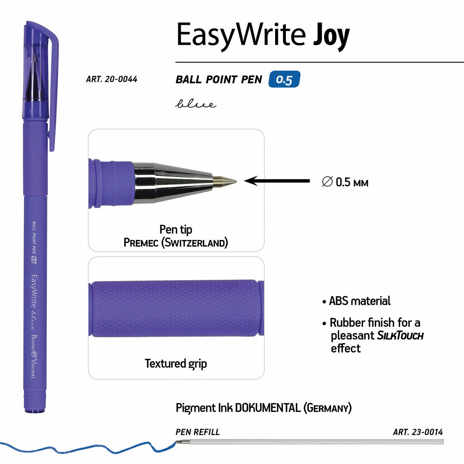 Ручка шариковая BRUNO VISCONTI EasyWrite, СИНЯЯ, Joy, корпус ассорти, узел 0,5 мм, линия письма 0,3 мм, 20-0044