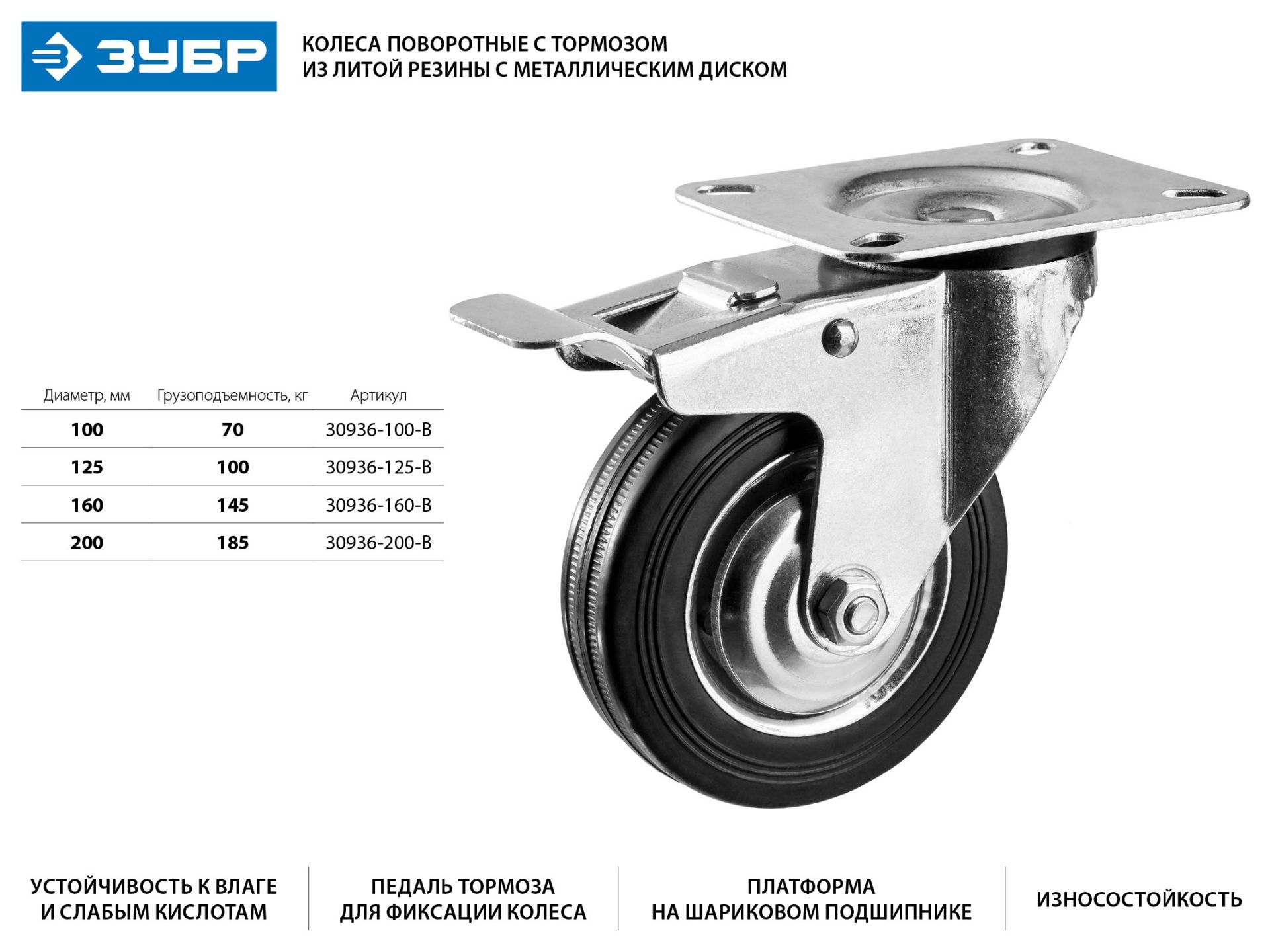 Колесо поворотное c тормозом d=160 мм, г/п 145 кг, резина/металл, игольчатый подшипник, ЗУБР Профессионал