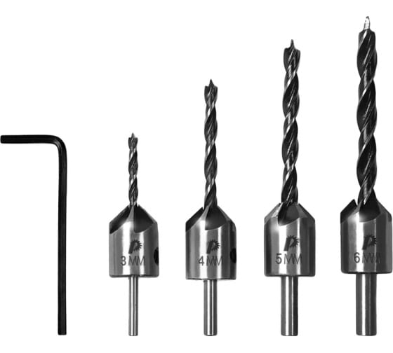 Набор зенковок по дереву (4 шт), сверла 3, 4, 5, 6 мм ПРАКТИКА