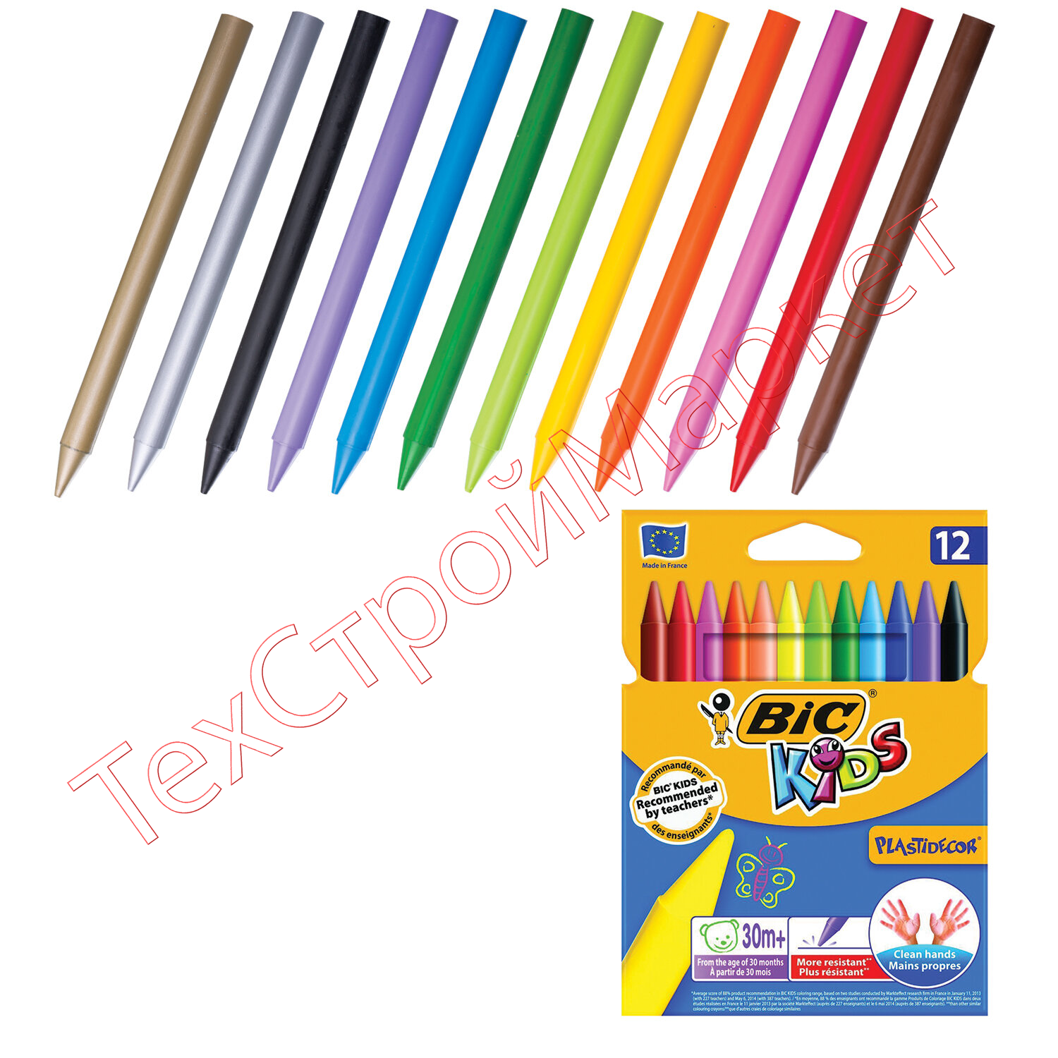 Мелки пластиковые BIC "Plastidecor", 12 цветов, ультрапрочные, круглые, картонная упаковка, подвес, 945764