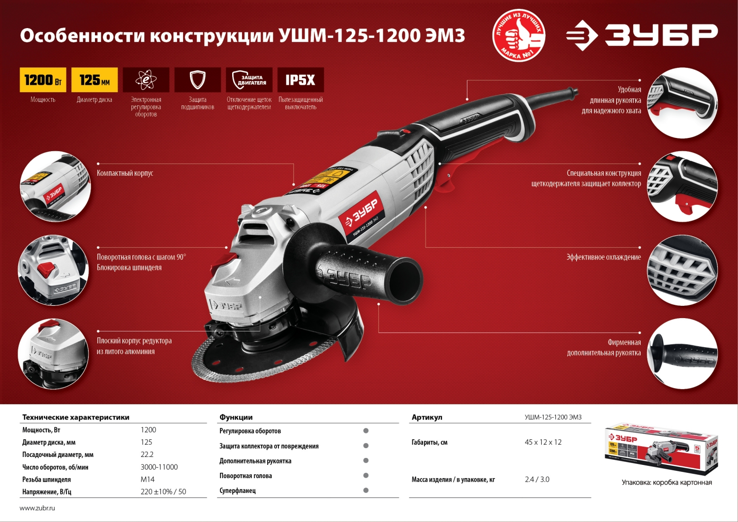 Машина шлифовальная угловая ЗУБР УШМ-125-1200 ЭМ3