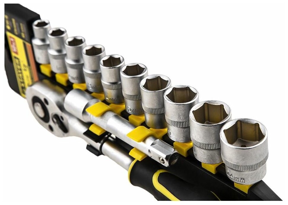 Набор:Торцовые головки (1/2") на пластиковом рельсе, трещотка, удлинитель, 10-24м STAYER "STANDARD"