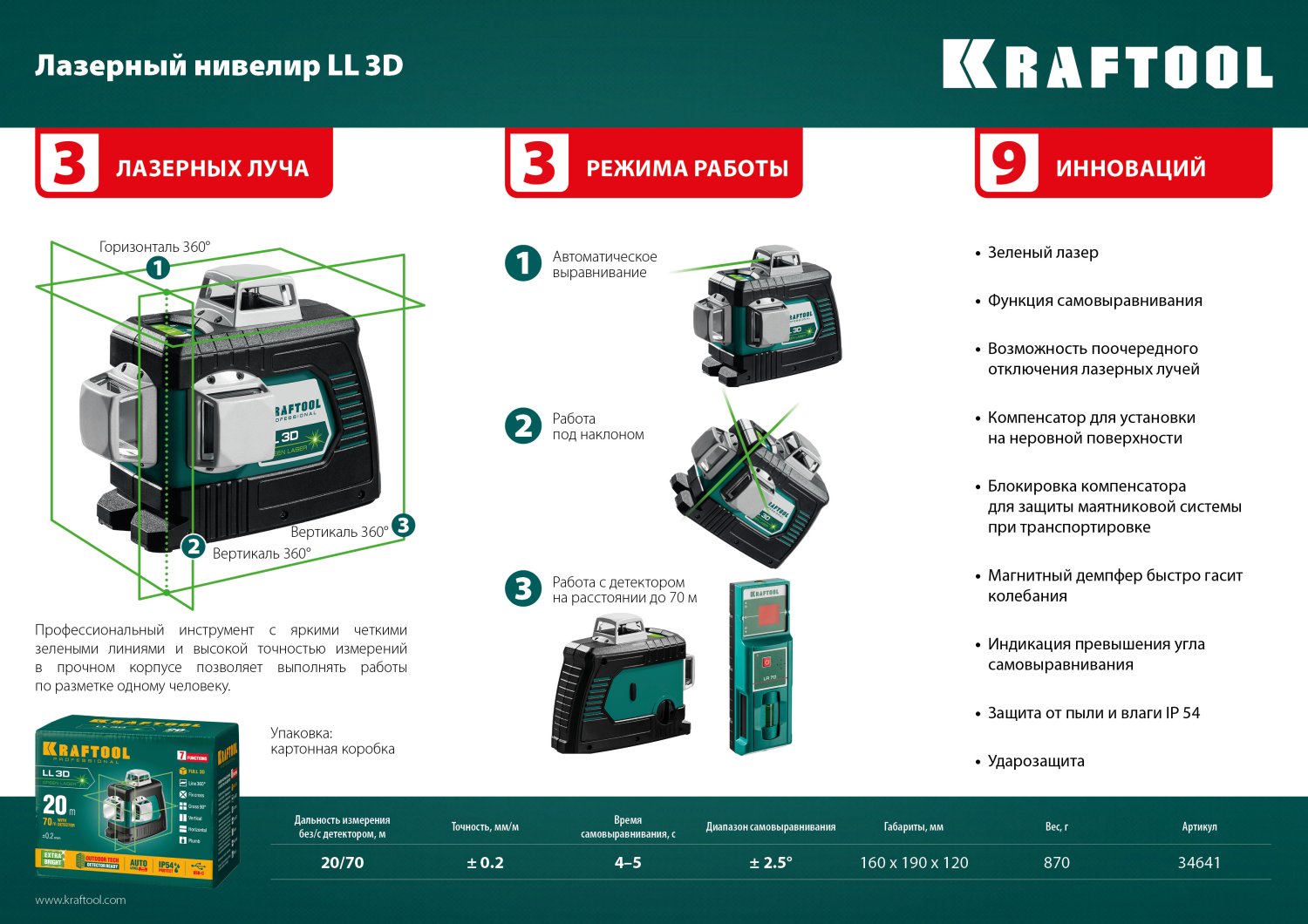 Нивелир лазерный KRAFTOOL LL 3D зеленый 