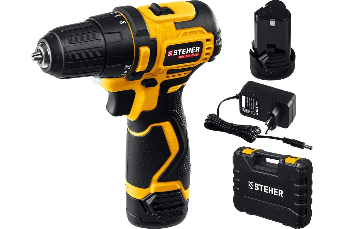 Дрель-шуруповерт бесщеточный 12 В, 40 Н·м, 2 АКБ (2 А·ч), кейс STEHER