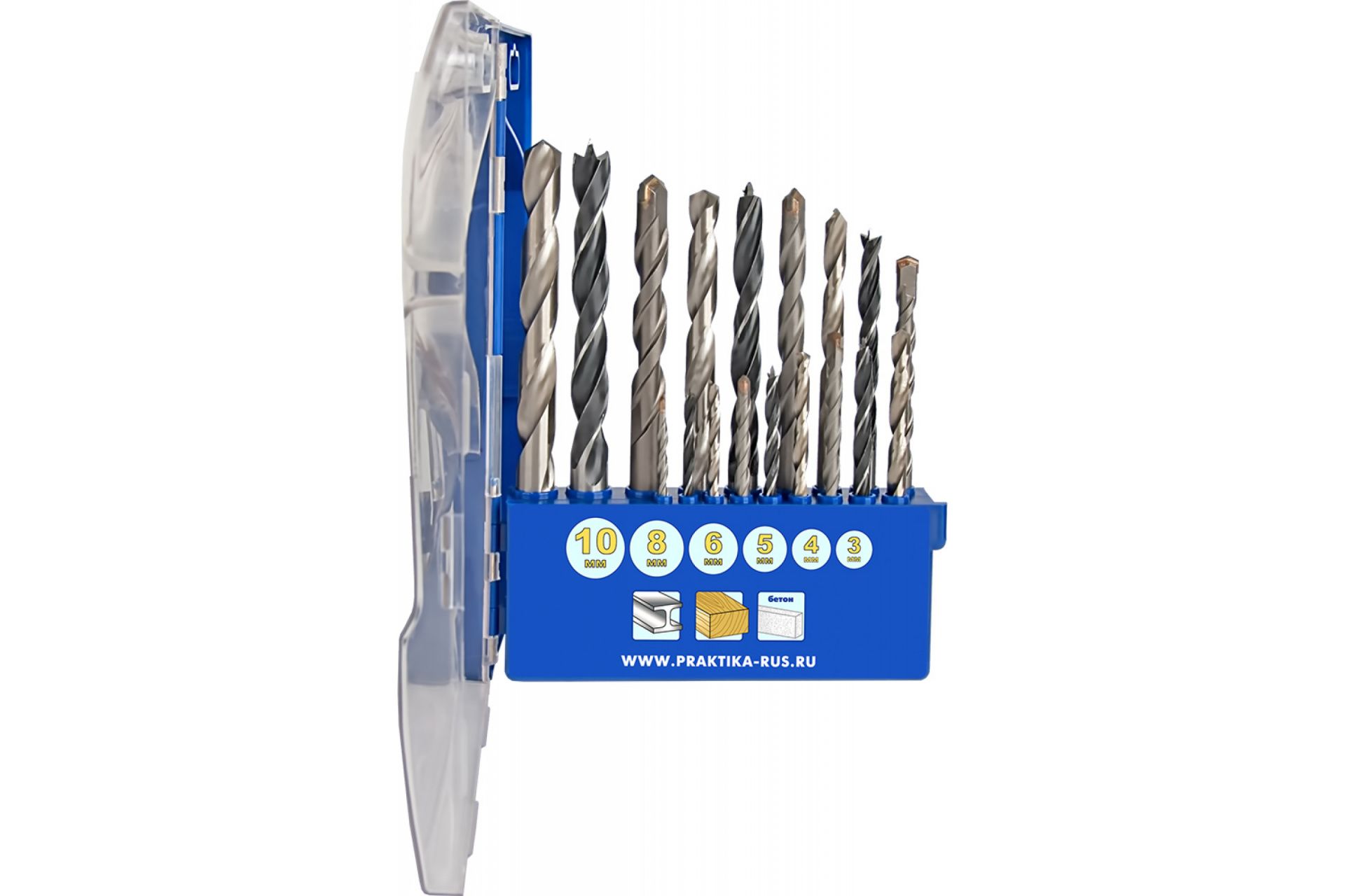 Набор сверл комбинированный 18 шт, металлу/бетону/дереву 3,4,5,6,8,10 мм ПРО кассета ПРАКТИКА "Профи"