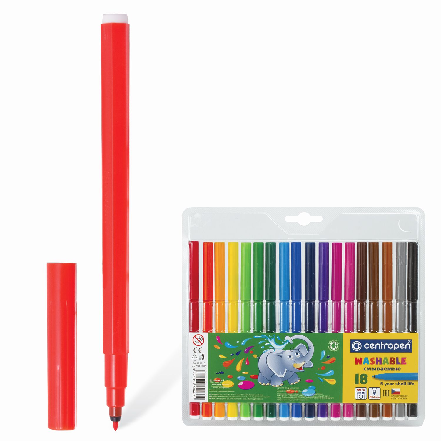 Фломастеры 18 ЦВЕТОВ CENTROPEN "Washable", смываемые, вентилируемый колпачок, 7790/18TP, 7 7790 1885