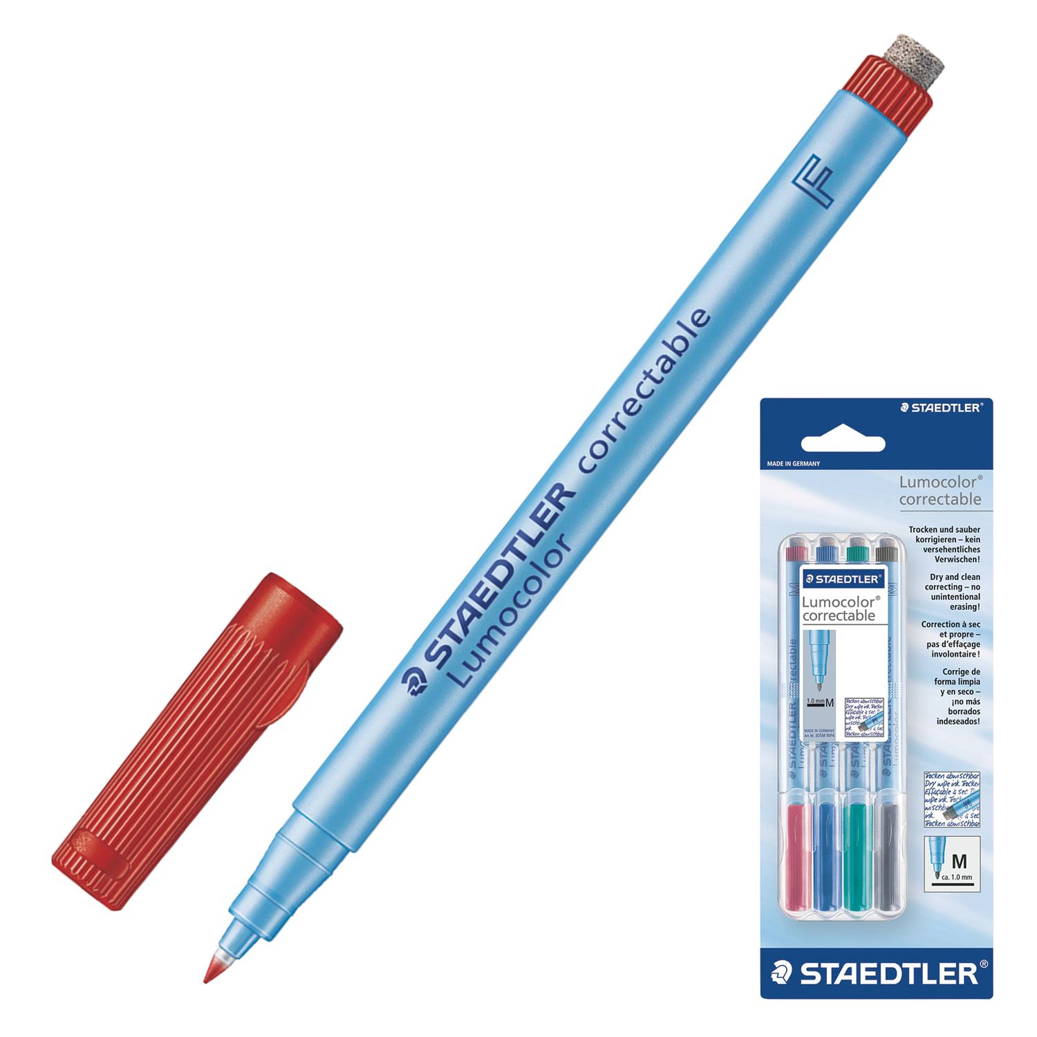 Маркеры универсальные для любой гладкой поверхности STAEDTLER, НАБОР 4 шт., АССОРТИ, со стирателем, 1 мм, 305M WP4-1