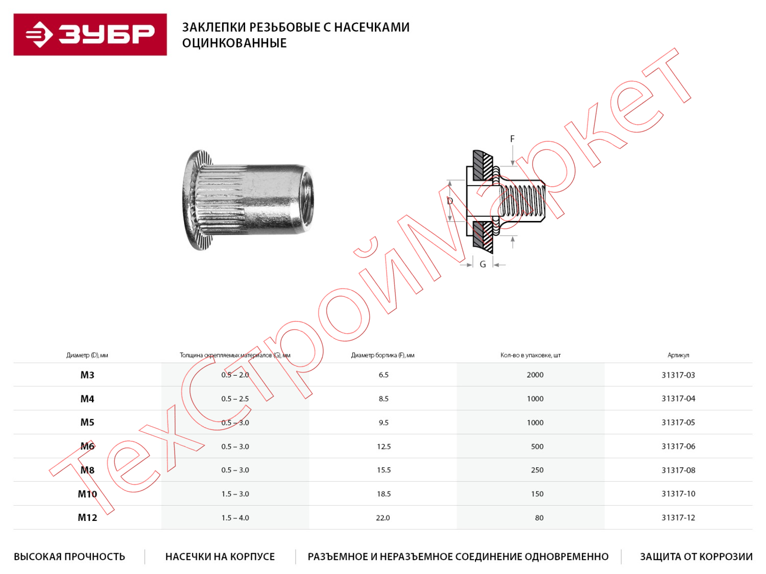 Резьбовые заклепки с насечками, М5, 1000 шт, стальные, стандартный бортик, ЗУБР Профессионал