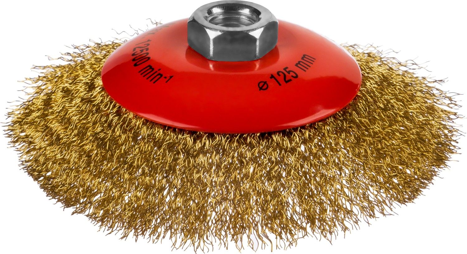 Щетка коническая для УШМ, витая стальная латунированная проволока 0,3 мм, d=125 мм, MIRAX 