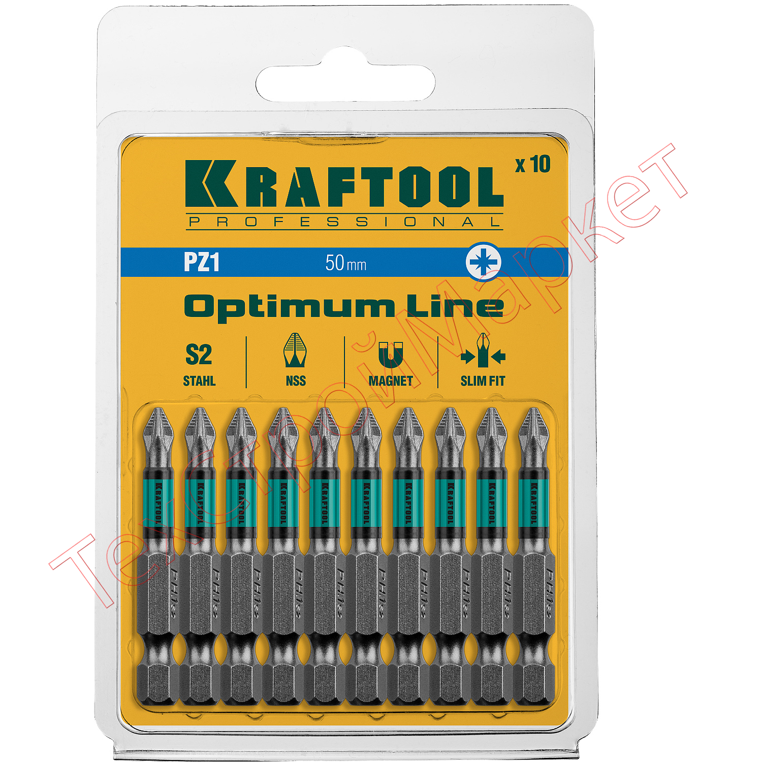 Optimum Line Биты, PZ1, 50 мм, тип хвостовика E 1/4", 10 шт в блистере, KRAFTOOL
