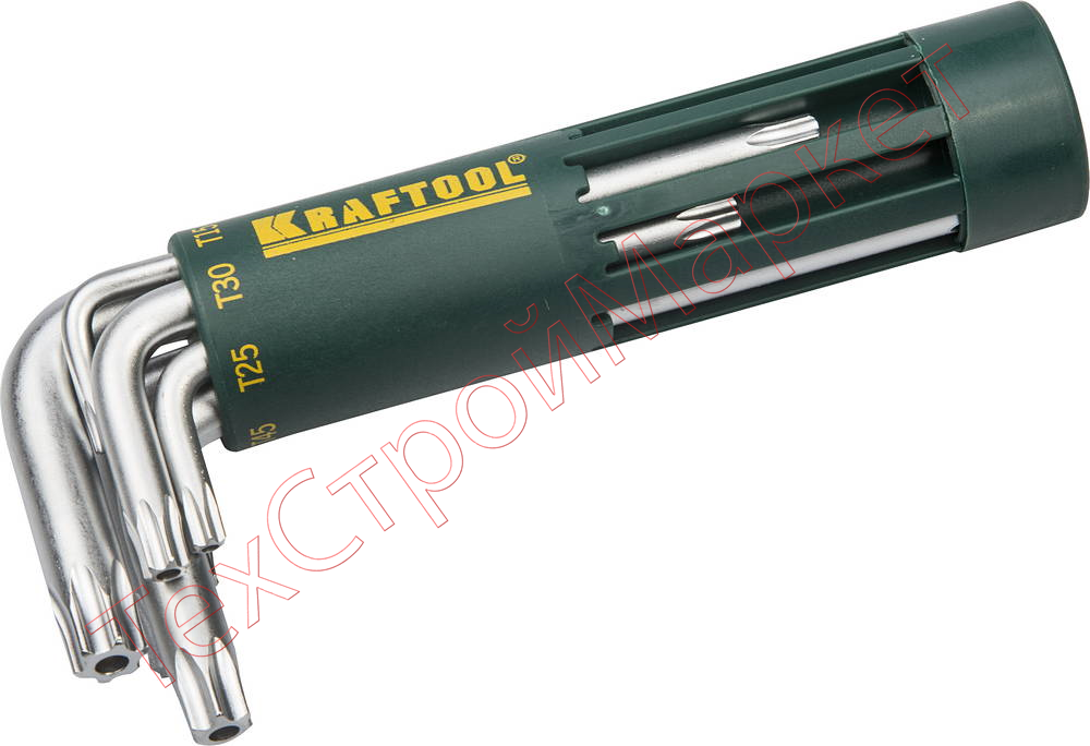 Набор KRAFTOOL: Ключи имбусовые короткие, Cr-Mo сталь, держатель-рукоятка, TORX Hole, T10-T50, 8 пред