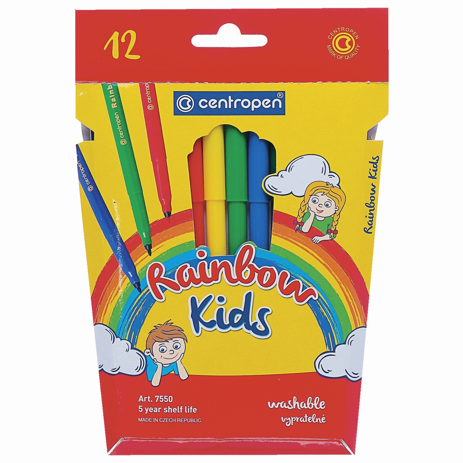 Фломастеры 12 ЦВЕТОВ CENTROPEN "Rainbow Kids", трехгранные, смываемые, картонная упаковка, 7550/12KK, 7 7550 1203