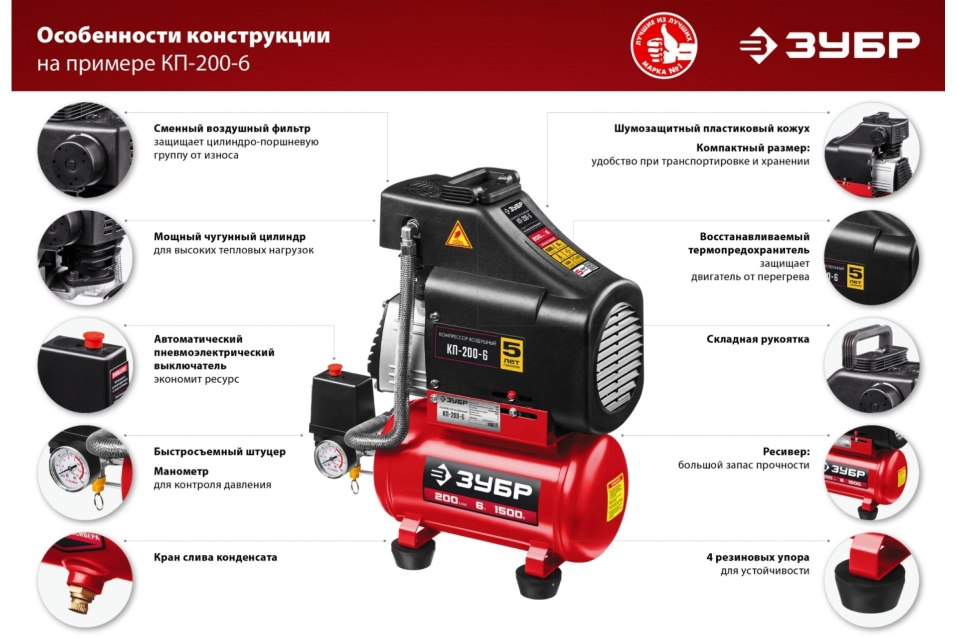 Компрессор воздушный безмасляный ЗУБР КП-200-6 Н6