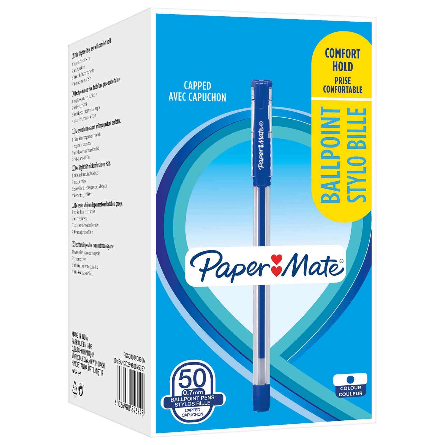 Ручка шариковая с грипом PAPER MATE "Brite", СИНЯЯ, игольчатый узел 1 мм, линия письма 0,7 мм, 2084374