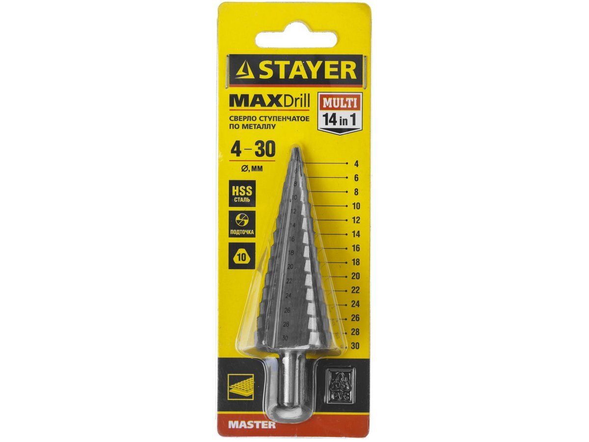 Сверло ступенчатое по сталям и цвет.мет., сталь HSS, d=4-30мм, 14ступ.d4-30, L-100мм STAYER "MASTER"
