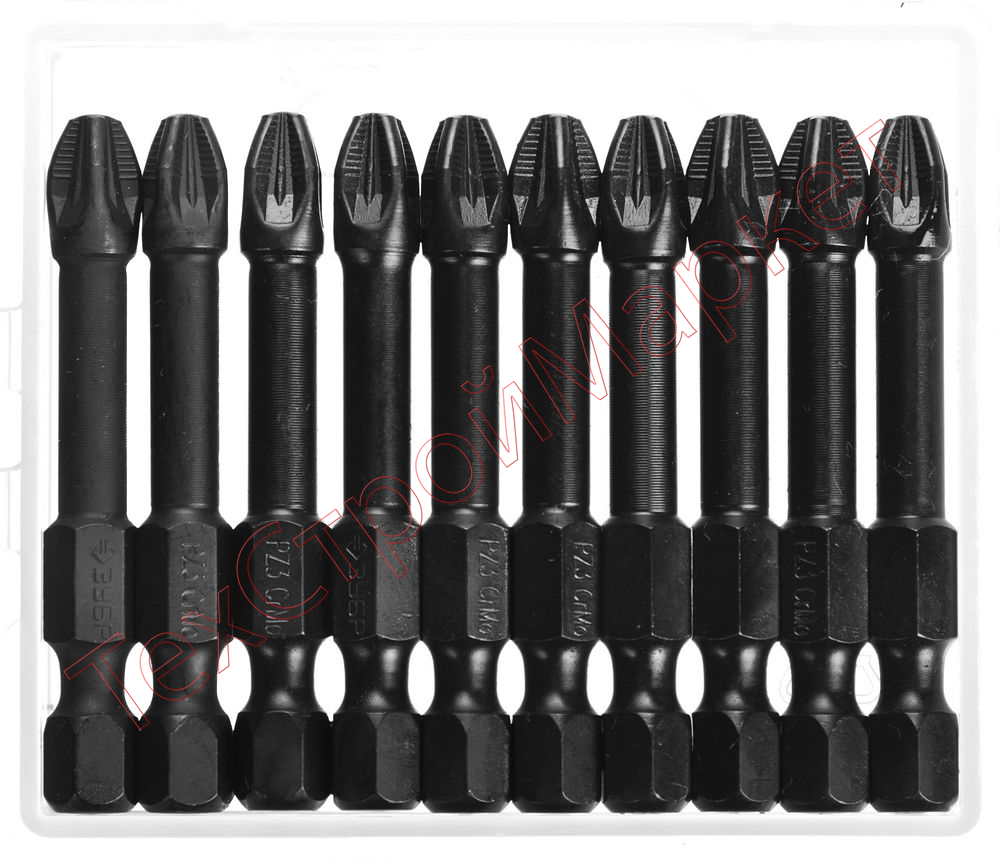 Биты ЗУБР "ПРОФИ" Pozidrive, тип хвостовика E 1/4", PZ3, 50мм, 10шт, в пластиковом боксе, на карточке