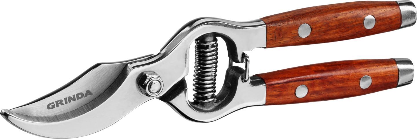 Секатор цельнокованый из нержавеющей стали, с деревянными рукоятками, 210 мм, GRINDA PROLine P-15