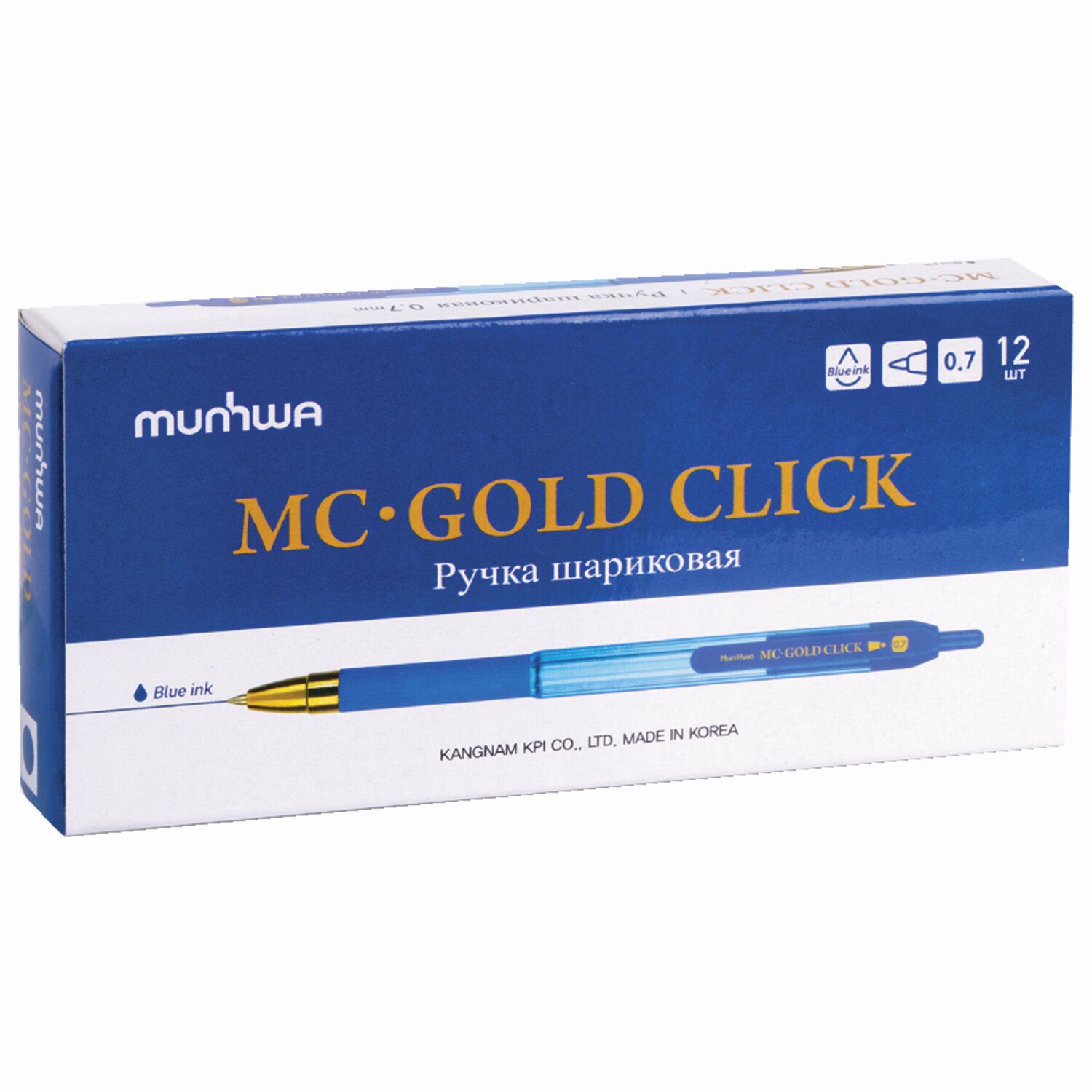 Ручка шариковая масляная автоматическая MUNHWA "MC Gold Click", СИНЯЯ, корпус ассорти, узел 0,7 мм, GCC07-02