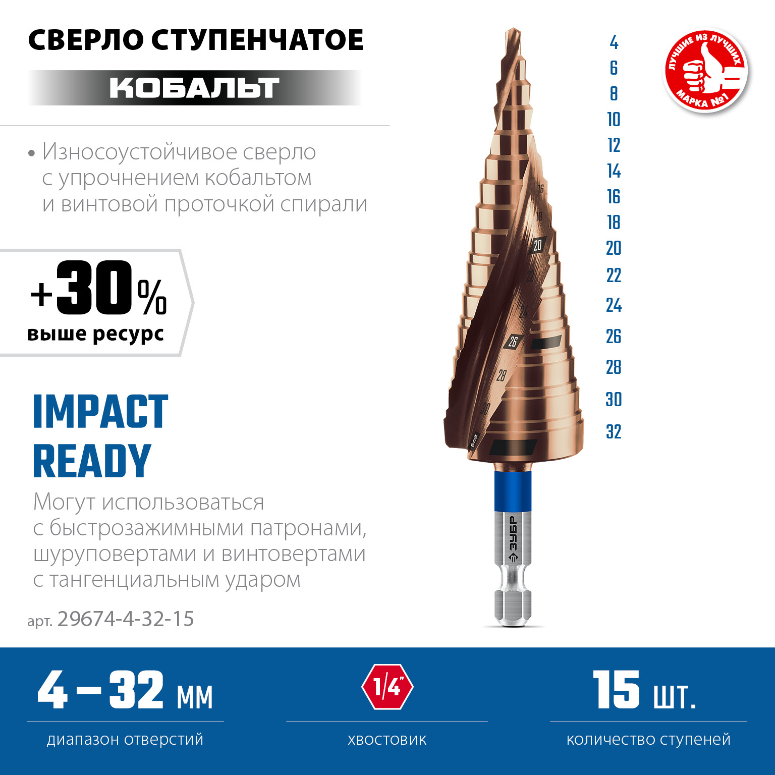 Сверло ступенчатое, 4-32мм, 15 ступеней, КОБАЛЬТ винтовая проточка, ЗУБР ПРОФЕССИОНАЛ 