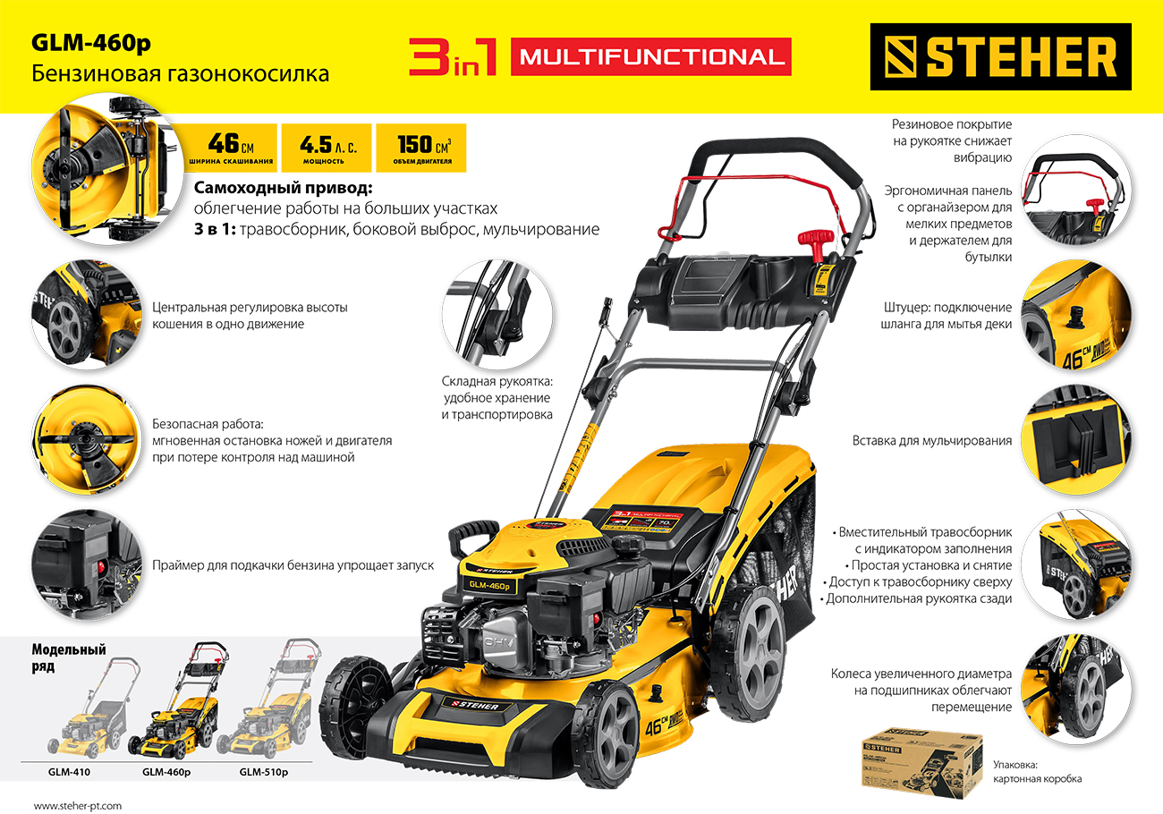 Газонокосилка бензиновая самоходная STEHER GLM-460p