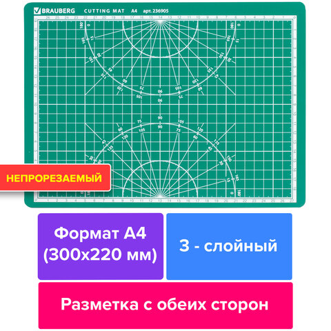 Коврик (мат) для резки BRAUBERG 3-слойный, А4 (300х220мм), двусторонний, толщина 3мм, зеленый,236905