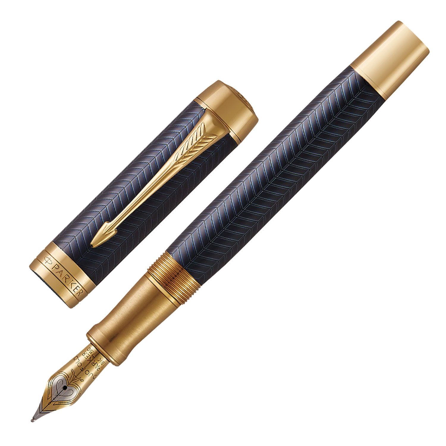 Ручка перьевая PARKER "Duofold Prestige Blue Chevron GT", перо M, корпус синий, позолоченные детали, черная, 1931370