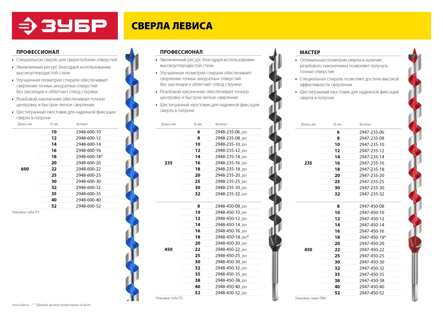 Сверло по дереву, спираль Левиса, HEX хвостовик, d=40х450мм, ЗУБР Эксперт