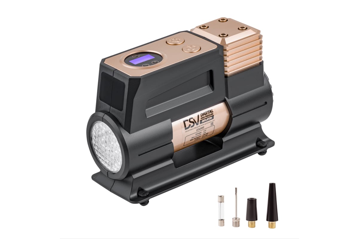 Компрессор "DSV" Smart, усиленный  с LED фонарем 45 л/мин 12В с цифр. маном, сумкой , золотой 224000