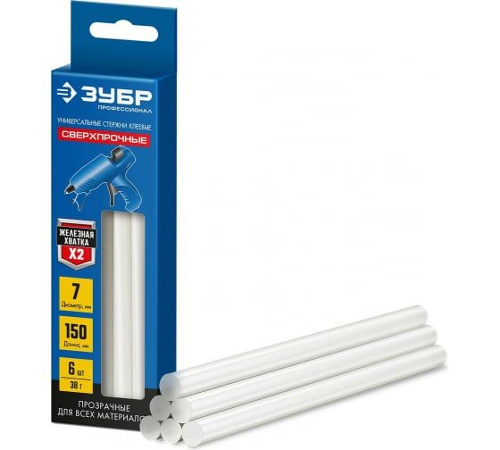Стержни клеевые прозрачные сверхпрочные,  d 7 х 150 мм (7-8 мм) 6 шт. 38 г ЗУБР Профессионал 