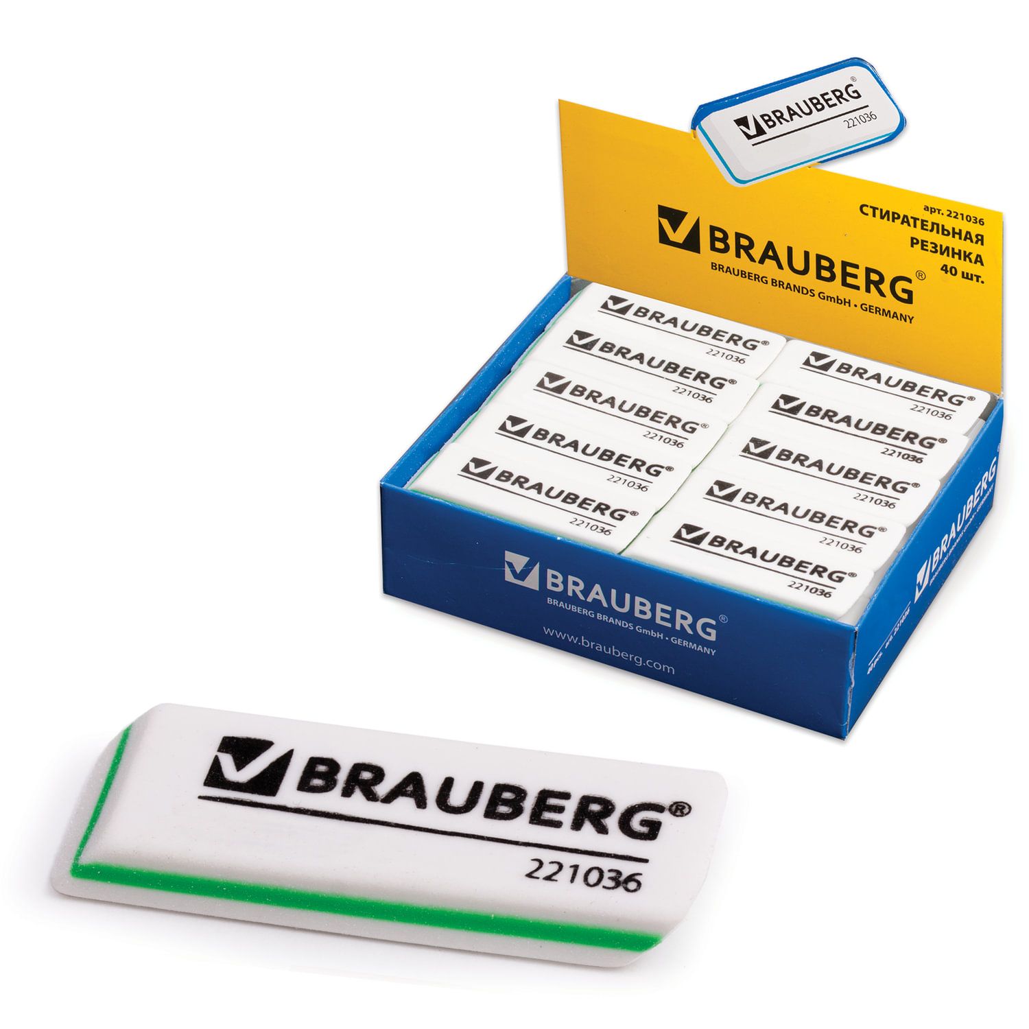 Ластик BRAUBERG "Partner", 57х18х8 мм, белый, прямоугольный, скошенные края, 221036