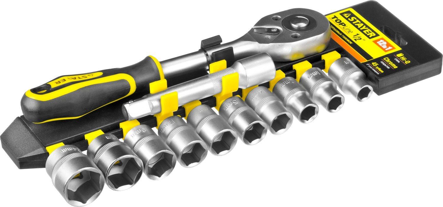 Набор:Торцовые головки (1/2") на пластиковом рельсе, трещотка, удлинитель, 10-24м STAYER "STANDARD"