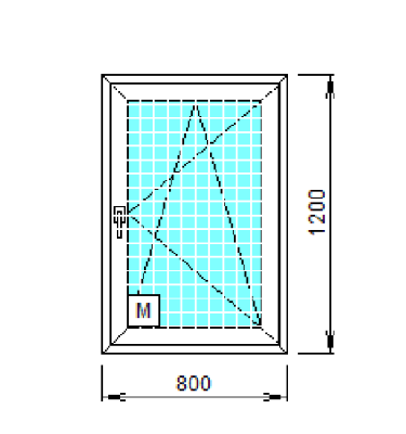 Окно ПВХ двухкамерное, одностворчатое, поворотно откидное, с москитной сеткой.