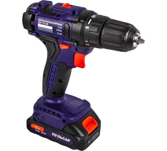 Дрель аккумуляторная безударная ПУЛЬСАР ДА 12-25 (12В, 25Hm, Li-on, 2Ah, 2акк., кейс)