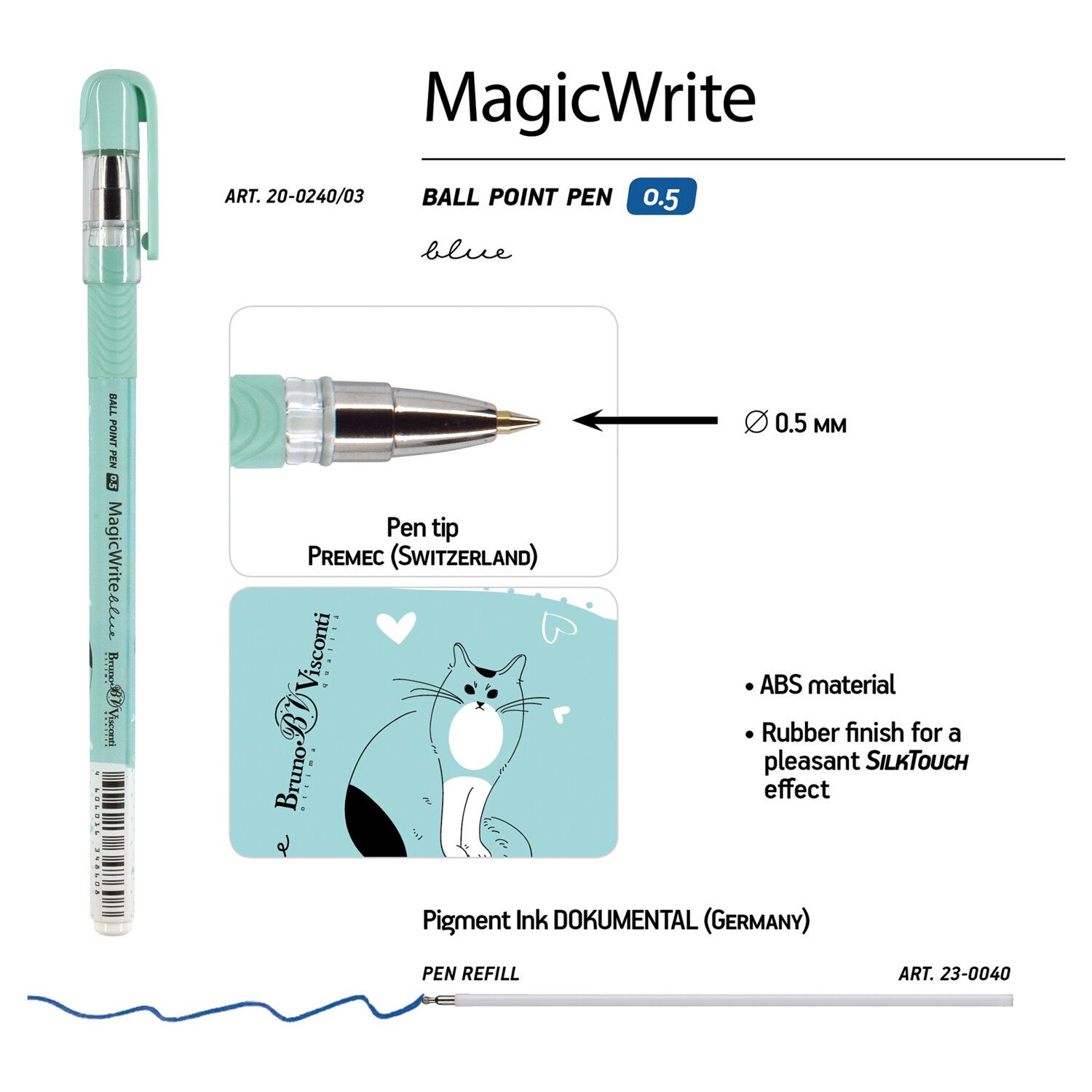 Ручка шариковая с грипом BRUNO VISCONTI MagicWrite, СИНЯЯ, Пушистая кошка, узел 0,5 мм, линия письма 0,3 мм, 20-0240/03