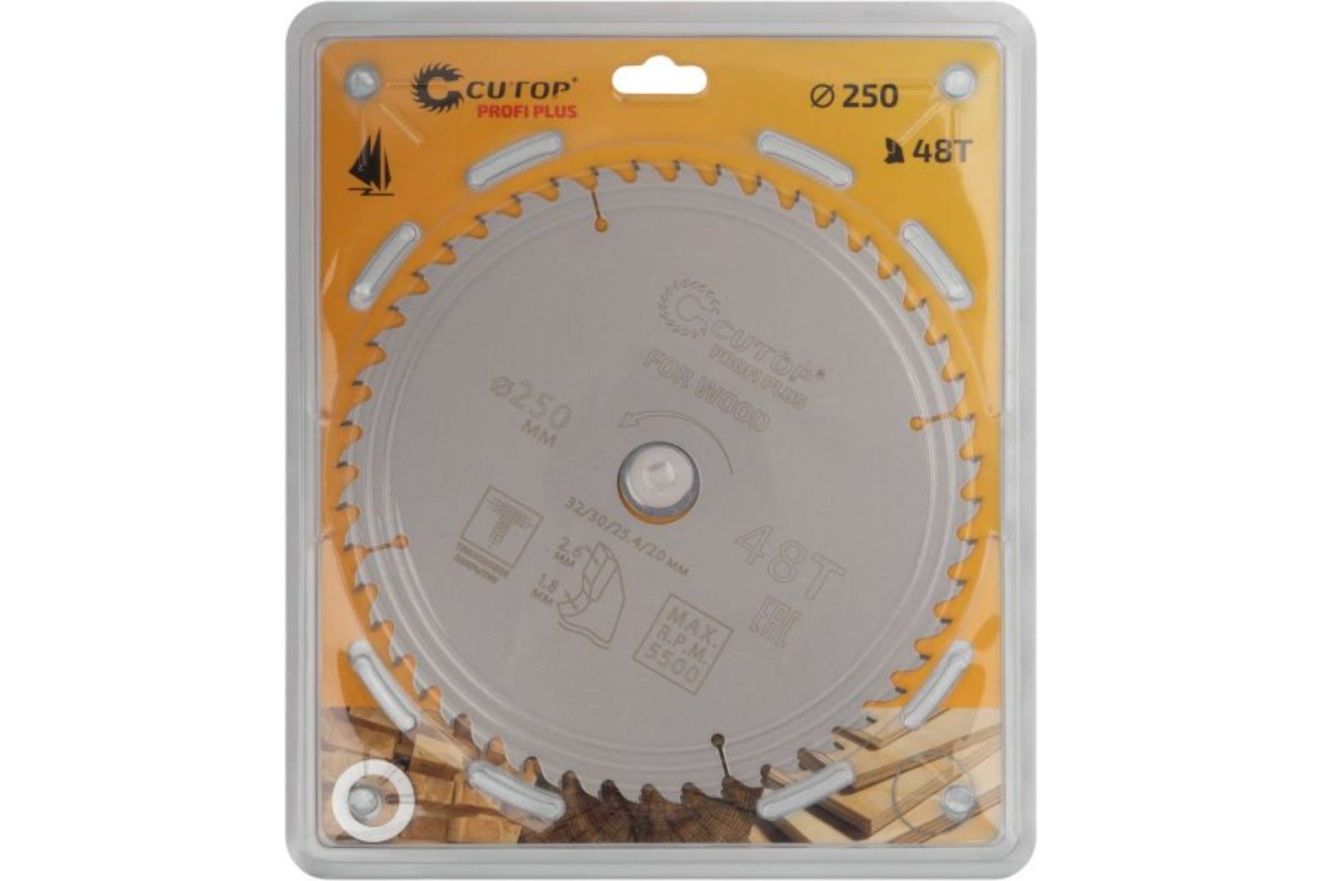 Диск пильный по дереву с тефлоновым покрытием 48Т, CUTOP Profi plus, 250 х 1,8/2,6 х 32/30/25,4/20 мм