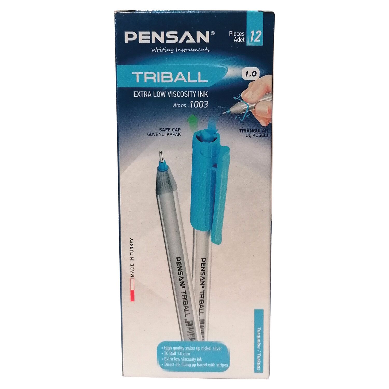Ручка шариковая масляная PENSAN "Triball", БИРЮЗОВАЯ, трехгранная, узел 1 мм, линия письма 0,5 мм, 1003/12