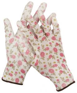 Перчатки садовые, прозрачное PU покрытие, 13 класс вязки, бело-розовые, размер L GRINDA