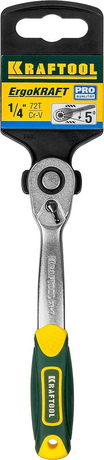 Трещотка для торцовых головок KRAFTOOL "PRO", Сr-V сталь, 72 зубца, изогнутая, 1/4"