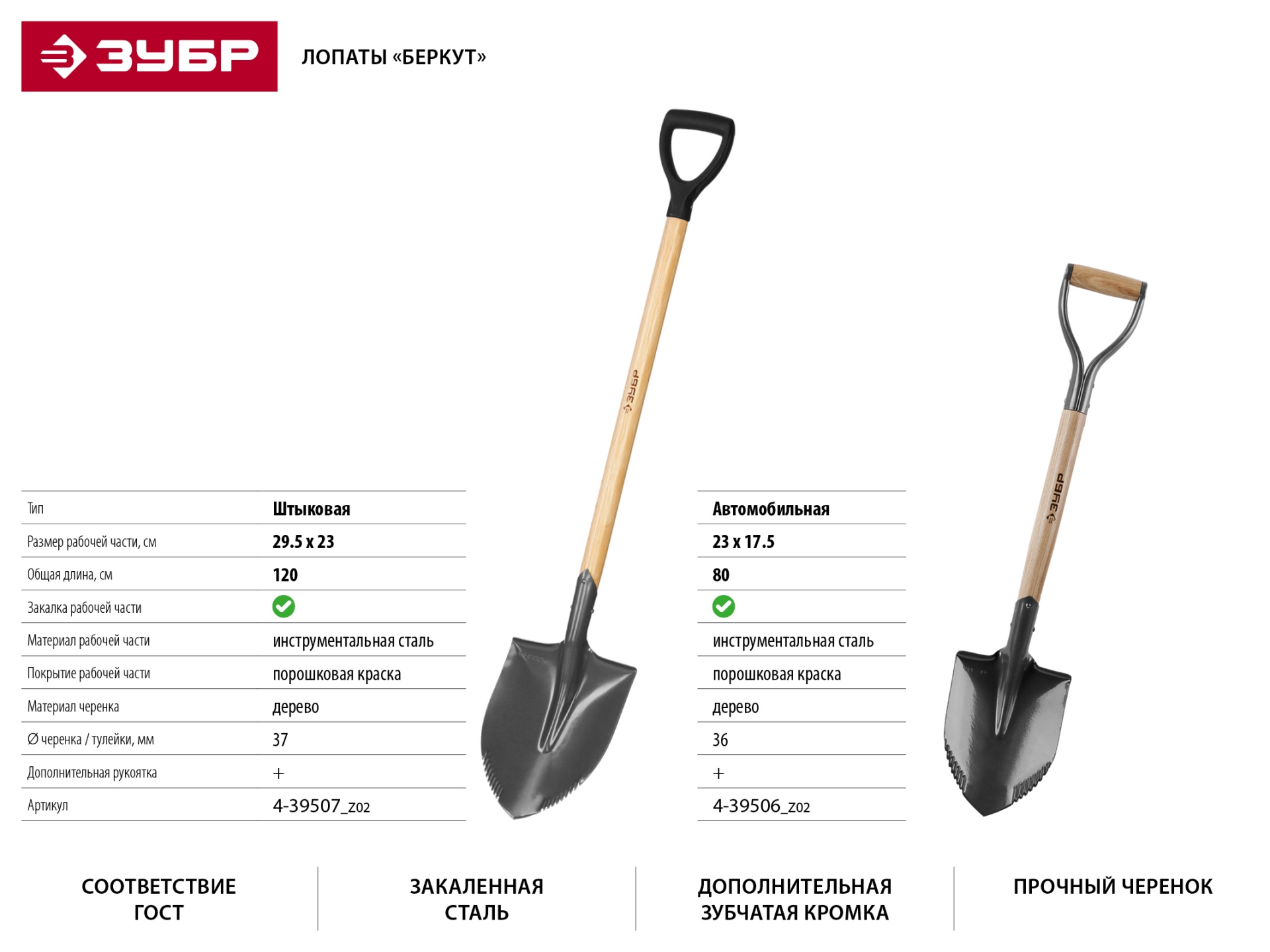 Лопата "БЕРКУТ" штыковая, деревянный черенок, с рукояткой, ЗУБР Профессионал