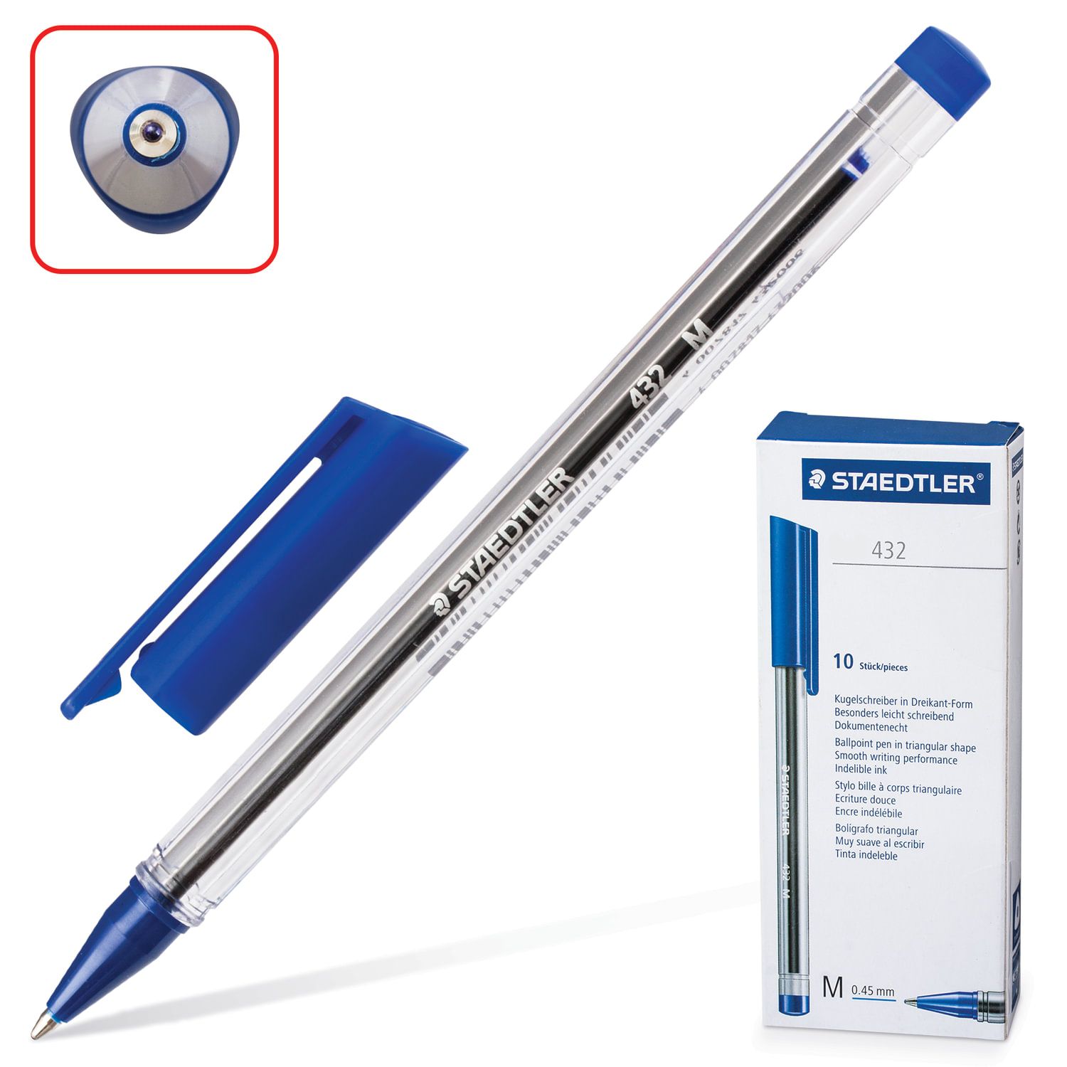 Ручка шариковая STAEDTLER "Ball", СИНЯЯ, трехгранная, корпус прозрачный, узел 1 мм, линия письма 0,5 мм, 432 M-3