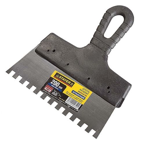 Шпатель STAYER "PROFESSIONAL" нержавеющий зубчатый с пластмассовой ручкой, 200мм, зуб 8х8мм