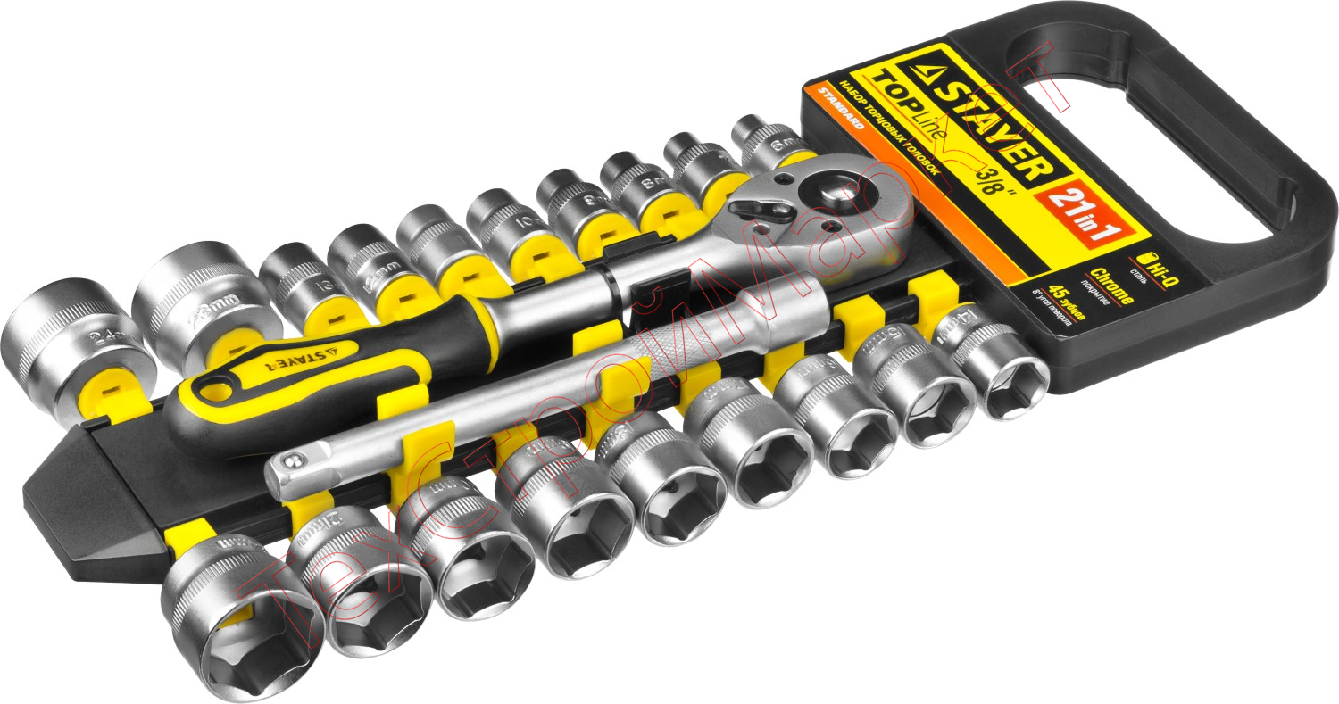 Набор STAYER "STANDARD": Торцовые головки (3/8") на пластиковом рельсе, трещотка, удлинитель, 6-24мм, 21 предмет