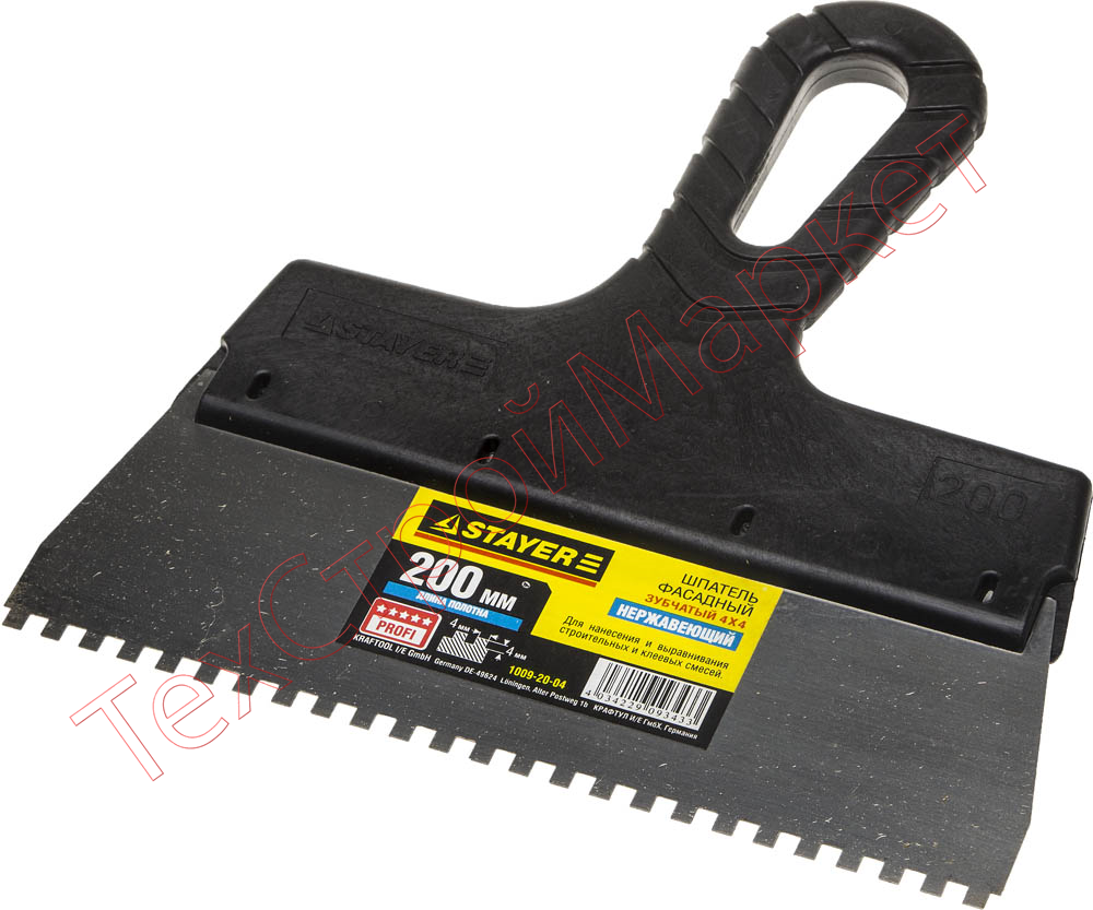 Шпатель STAYER нержавеющий зубчатый с пластмассовой ручкой, 200мм, зуб 4х4мм
