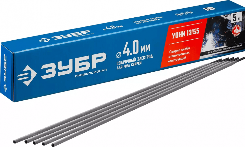 Электрод сварочный с основным покрытием, для ММА сварки, d 4.0 х 350 мм, 5 кг. ЗУБР Профессионал УОНИ 13/55
