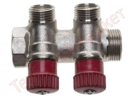 Коллектор GENERAL FITTINGS для горячей воды, вентили, никелированная латунь, вход 3/4" - 2 выхода 1/2"