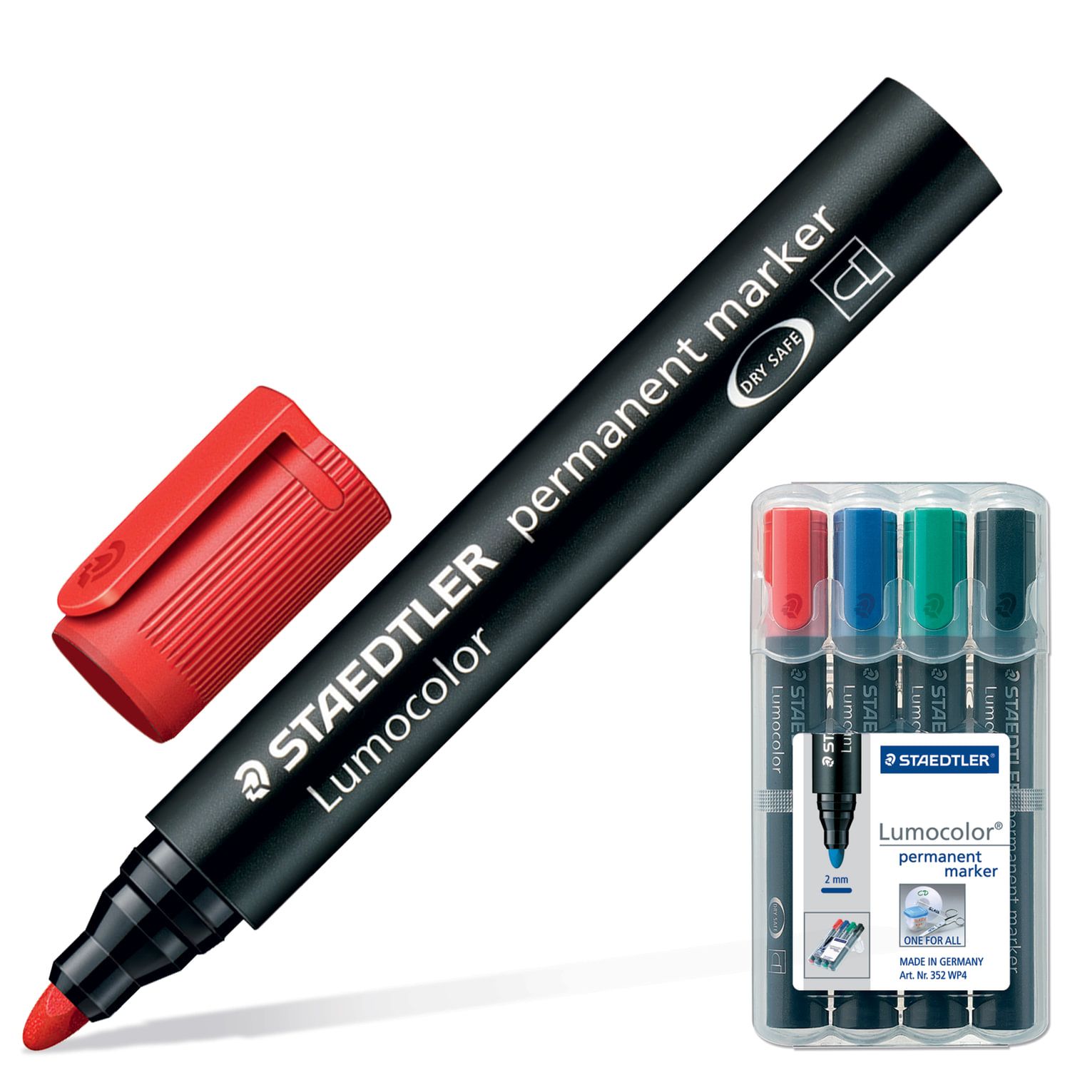 Маркеры перманентные (нестираемые) STAEDTLER в НАБОРЕ из 4 шт., АССОРТИ, "Lumocolor", круглые, 2 мм, 352 WP4