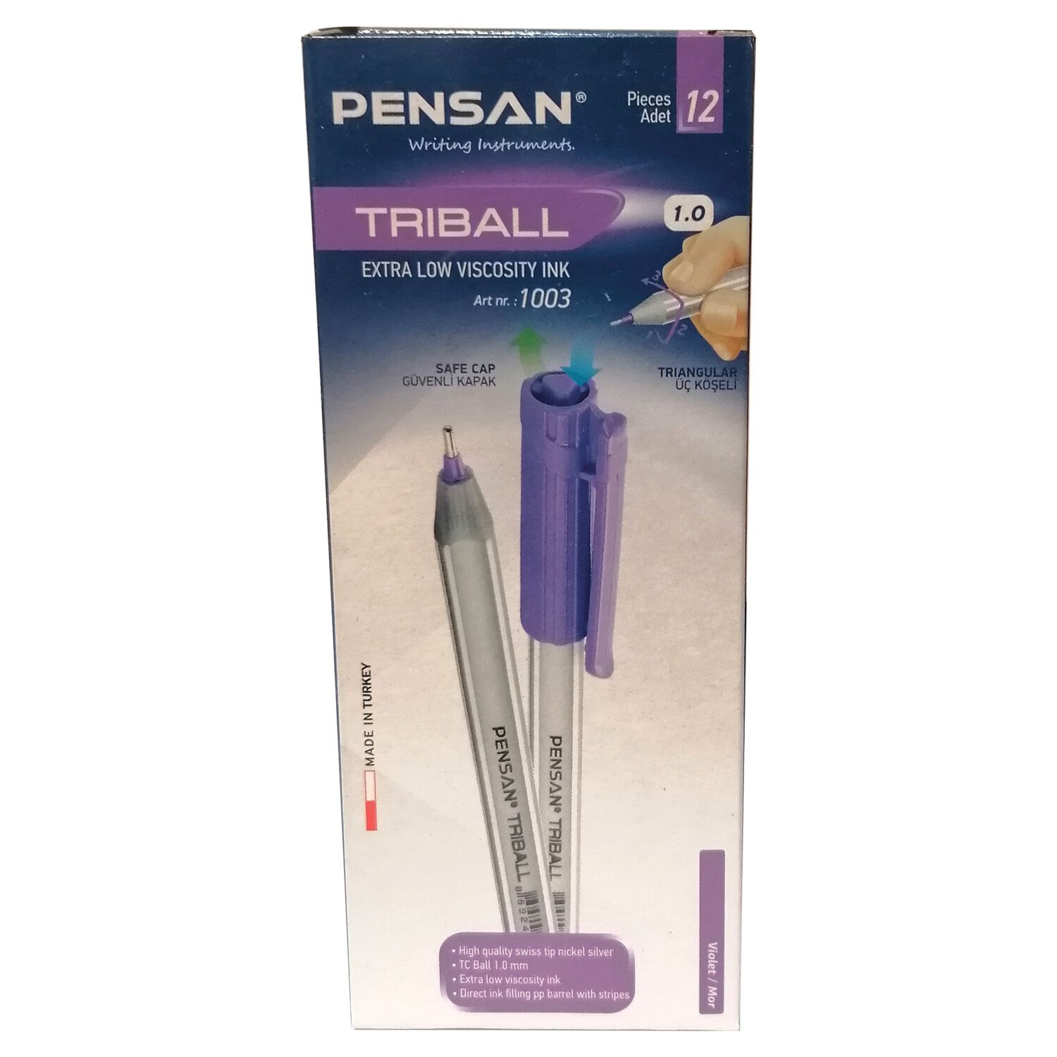Ручка шариковая масляная PENSAN "Triball", ФИОЛЕТОВАЯ, трехгранная, узел 1 мм, линия письма 0,5 мм, 1003/12